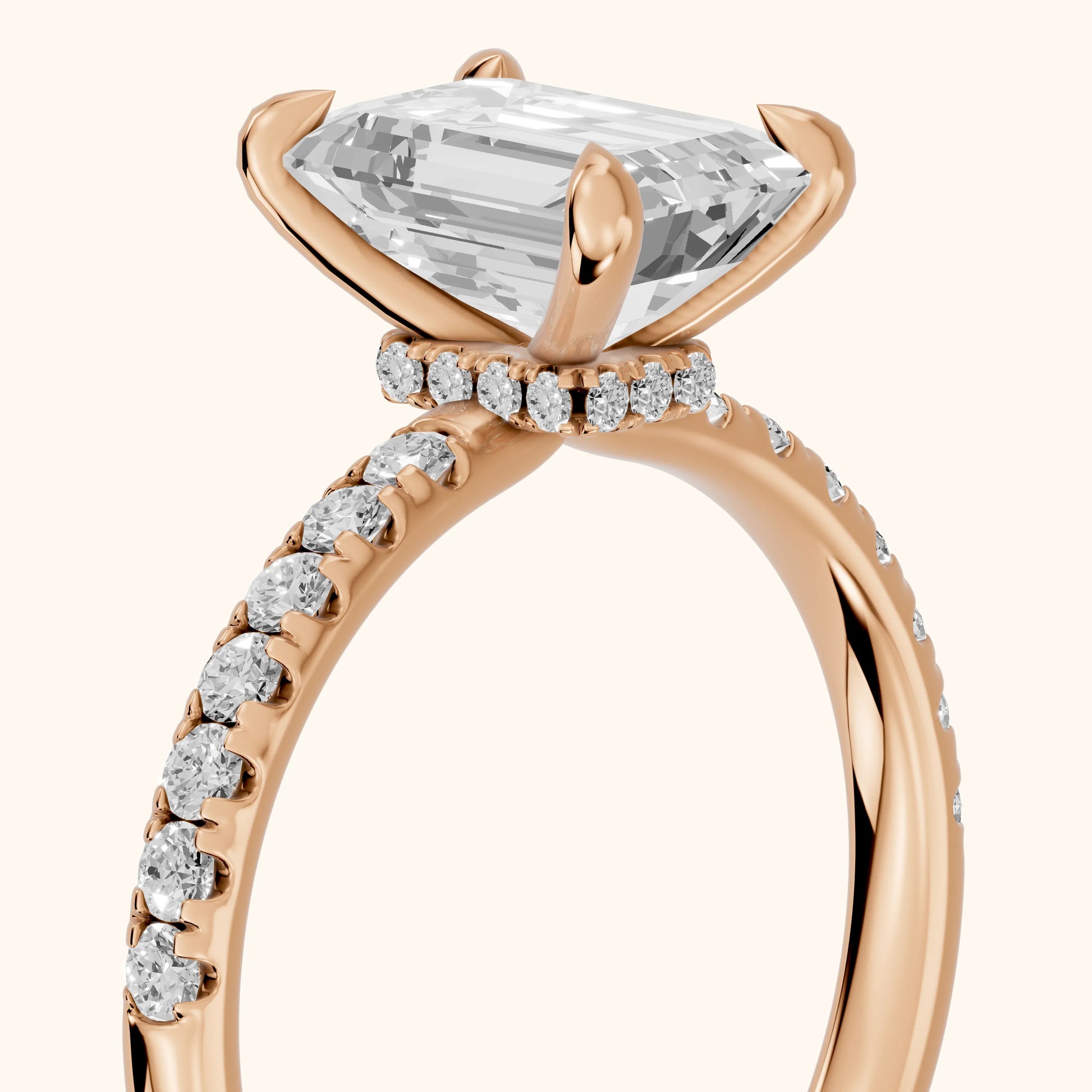 Maya Hidden Halo Pavé Emerald Diamond Engagement Ring in Rose Gold - slant-view.webp