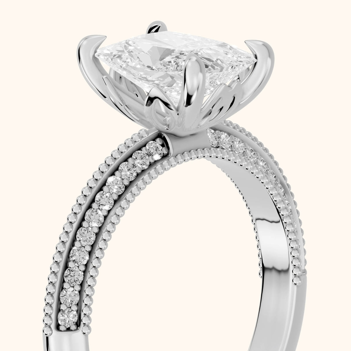 Chiara Vintage Milgrain Radiant Diamond Engagement Ring in Platinum - slant-view.webp