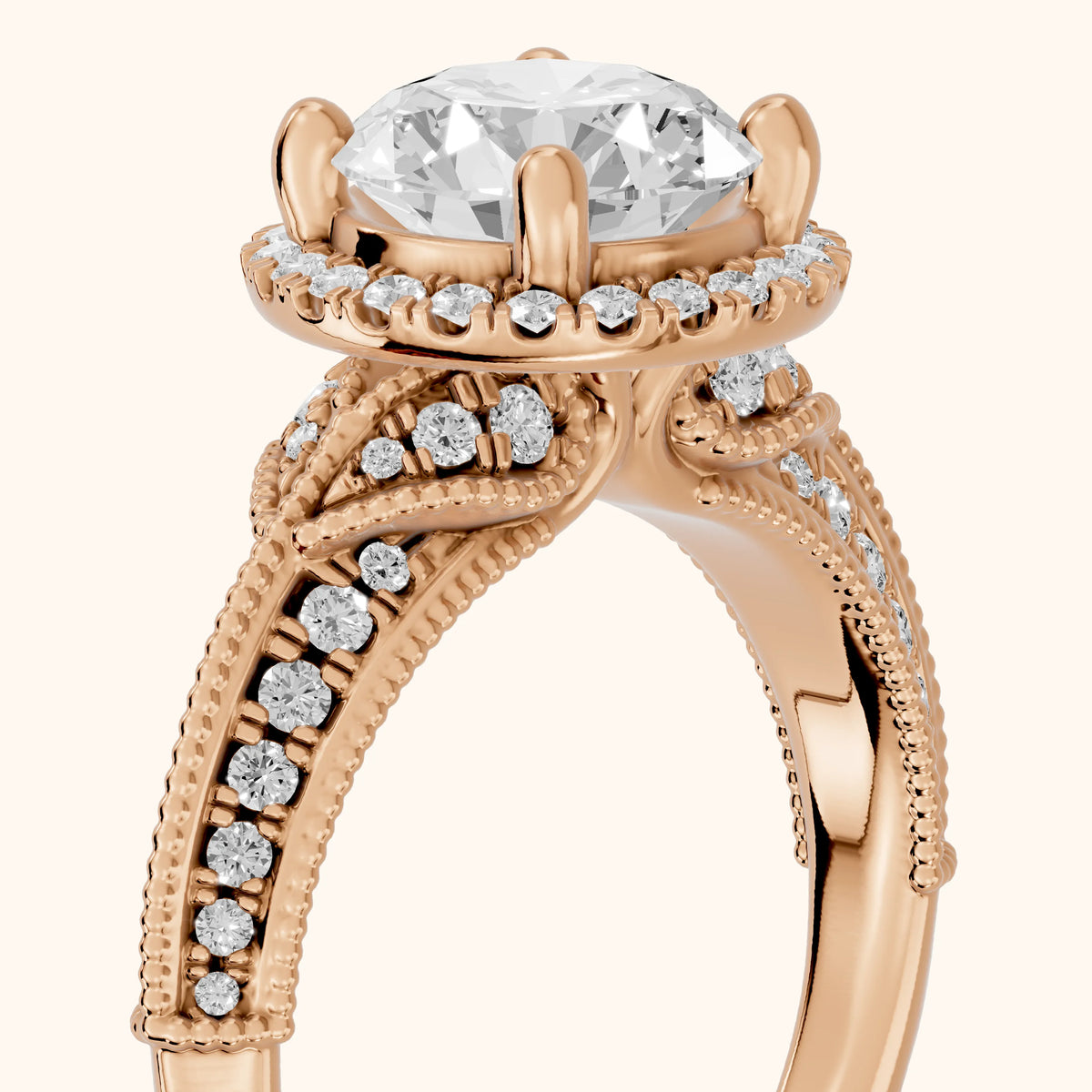 Logan Milgrain Halo Round Diamond Engagement Ring in Rose Gold - slant-view.webp