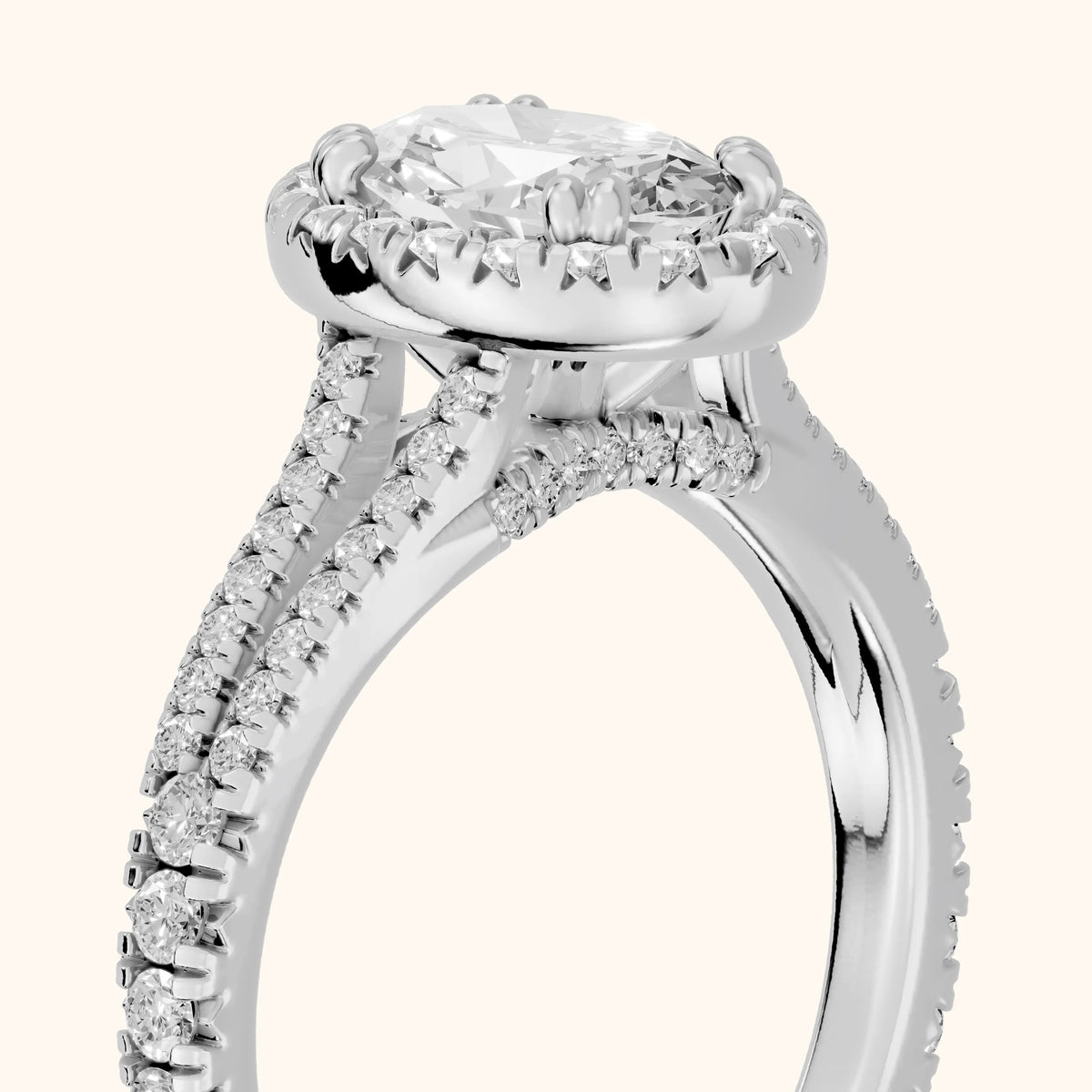 Dallas Halo Split Shank Oval Diamond Engagement Ring in White Gold - slant-view.webp