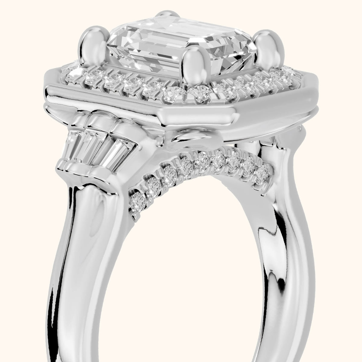 Milan Deco Halo Emerald Diamond Engagement Ring in Platinum - slant-view.webp