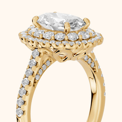 Sidney Floral Double Halo Oval Diamond Engagement Ring in Yellow Gold - slant-view.webp