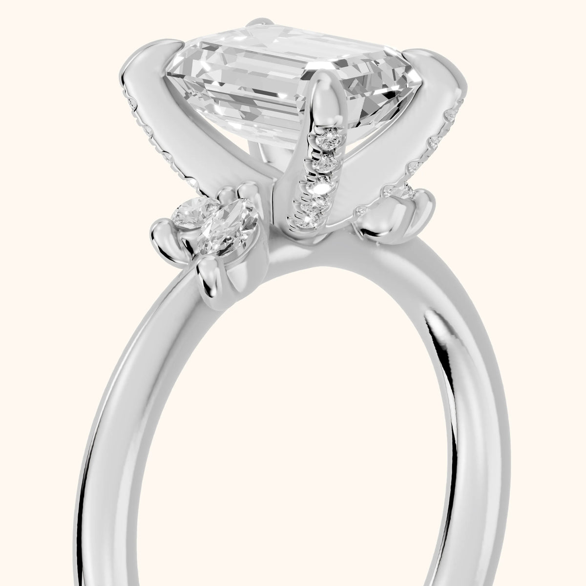 Billie Leaf Cluster Emerald Diamond Engagement Ring in Silver - slant-view.webp