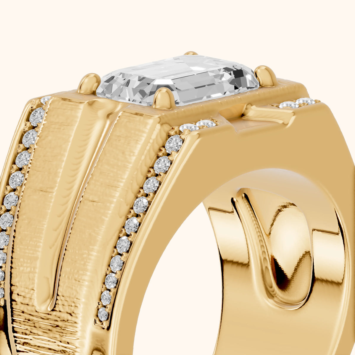 Lodi Wide Band Pavé Emerald Diamond Engagement Ring in Yellow Gold - slant-view.webp