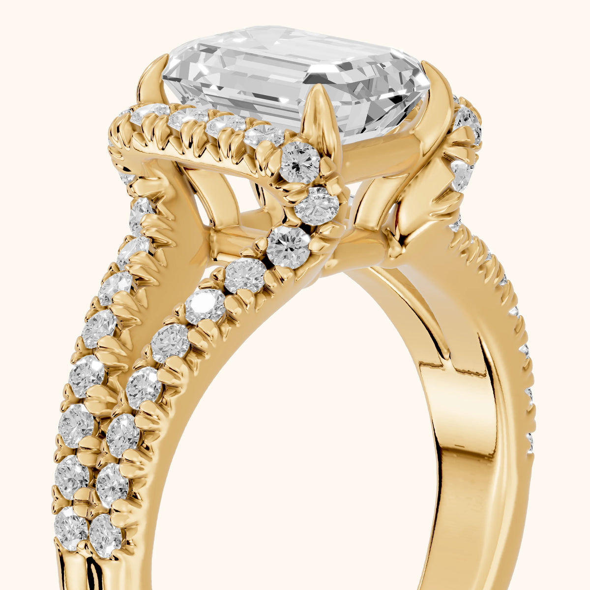 Delray Split Shank Pavé Emerald Diamond Engagement Ring in Yellow Gold - slant-view.webp