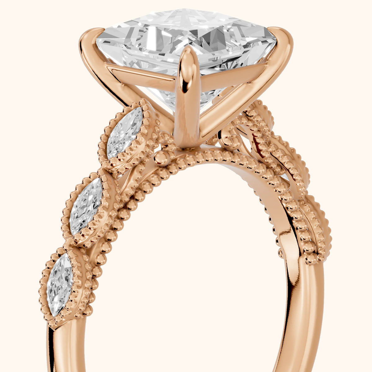 Freya Milgrain Leaf Princess Diamond Engagement Ring in Rose Gold - slant-view.webp