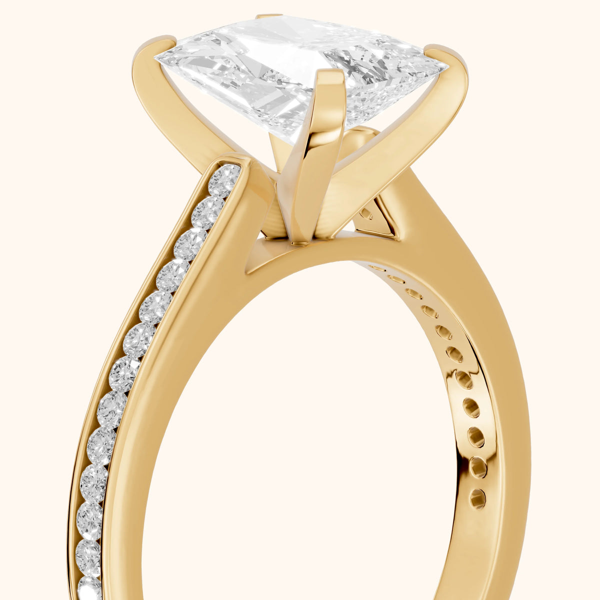 Carrie Cathedral Channel Set Radiant Diamond Engagement Ring in Yellow Gold - slant-view.webp