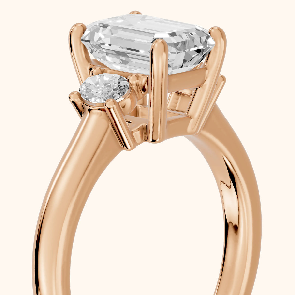 Alya Three-Stone Cathedral Emerald Diamond Engagement Ring in Rose Gold - slant-view.webp