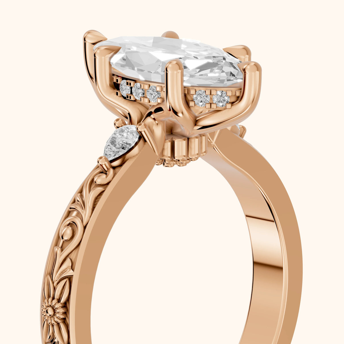 Siesta Three-Stone Engraved Marquise Diamond Engagement Ring in Rose Gold - slant-view.webp