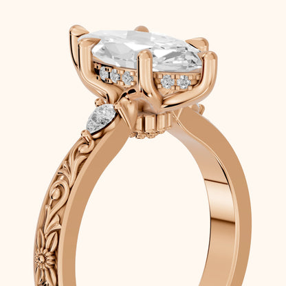 Siesta Three-Stone Engraved Marquise Diamond Engagement Ring in Rose Gold - slant-view.webp