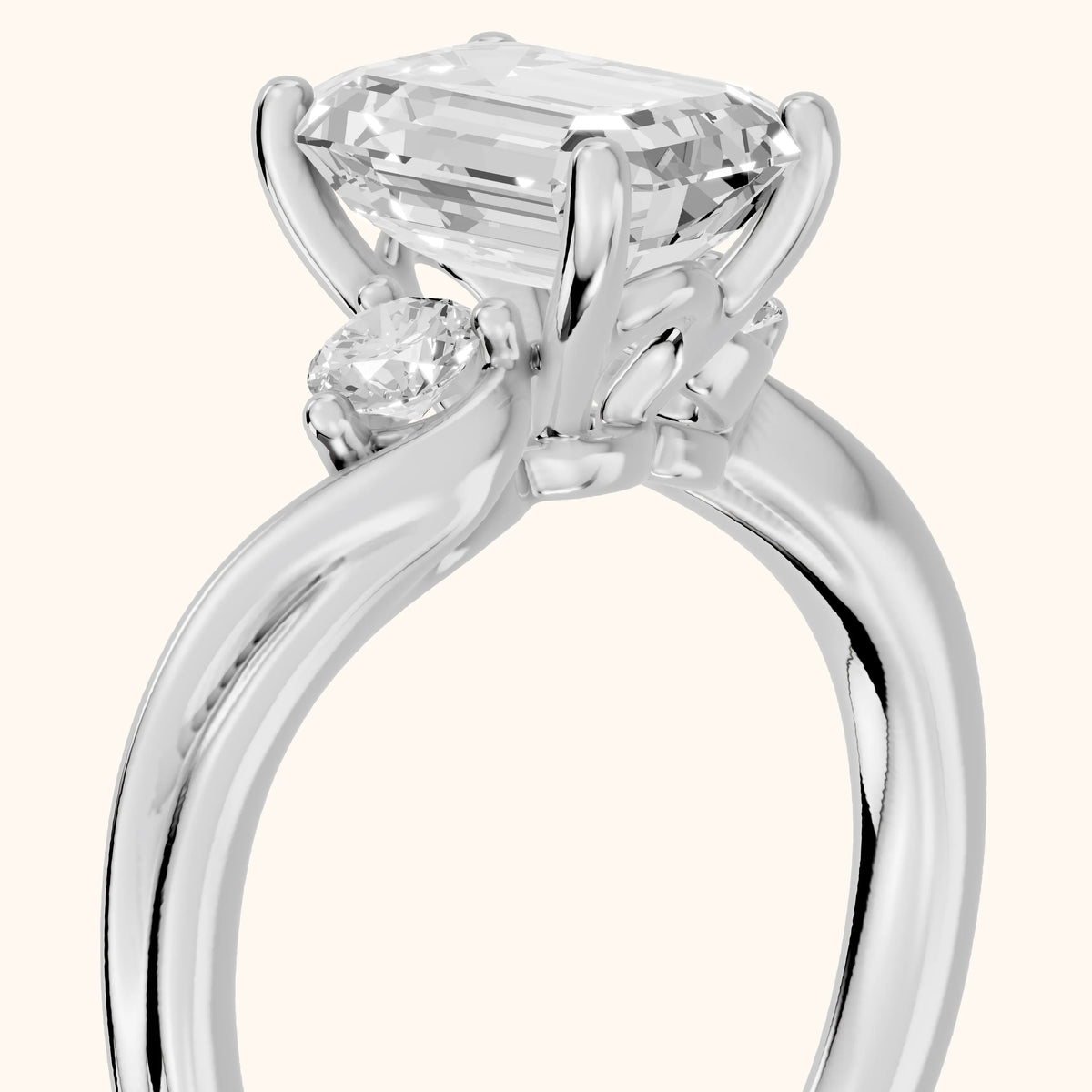 Rena Bypass Three-Stone Emerald Diamond Engagement Ring in Platinum - slant-view.webp