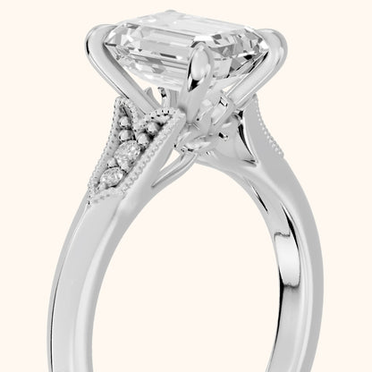 Paisley Milgrain Pavé Emerald Diamond Engagement Ring in White Gold - slant-view.webp