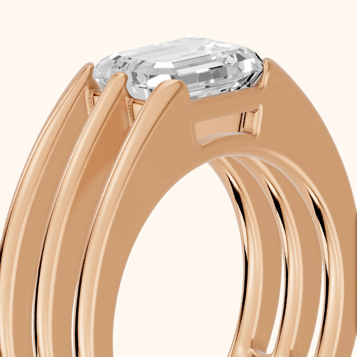 Beverly East-West Solitaire Emerald Diamond Engagement Ring in Rose Gold - slant-view.webp