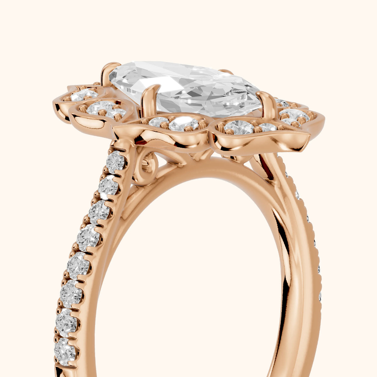 Caitlin Floral Halo Marquise Diamond Engagement Ring in Rose Gold - slant-view.webp