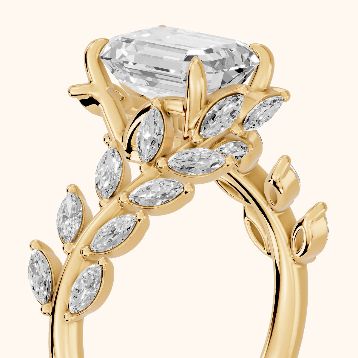 Clarion Leaf Bypass Emerald Diamond Engagement Ring in Yellow Gold - slant-view.webp