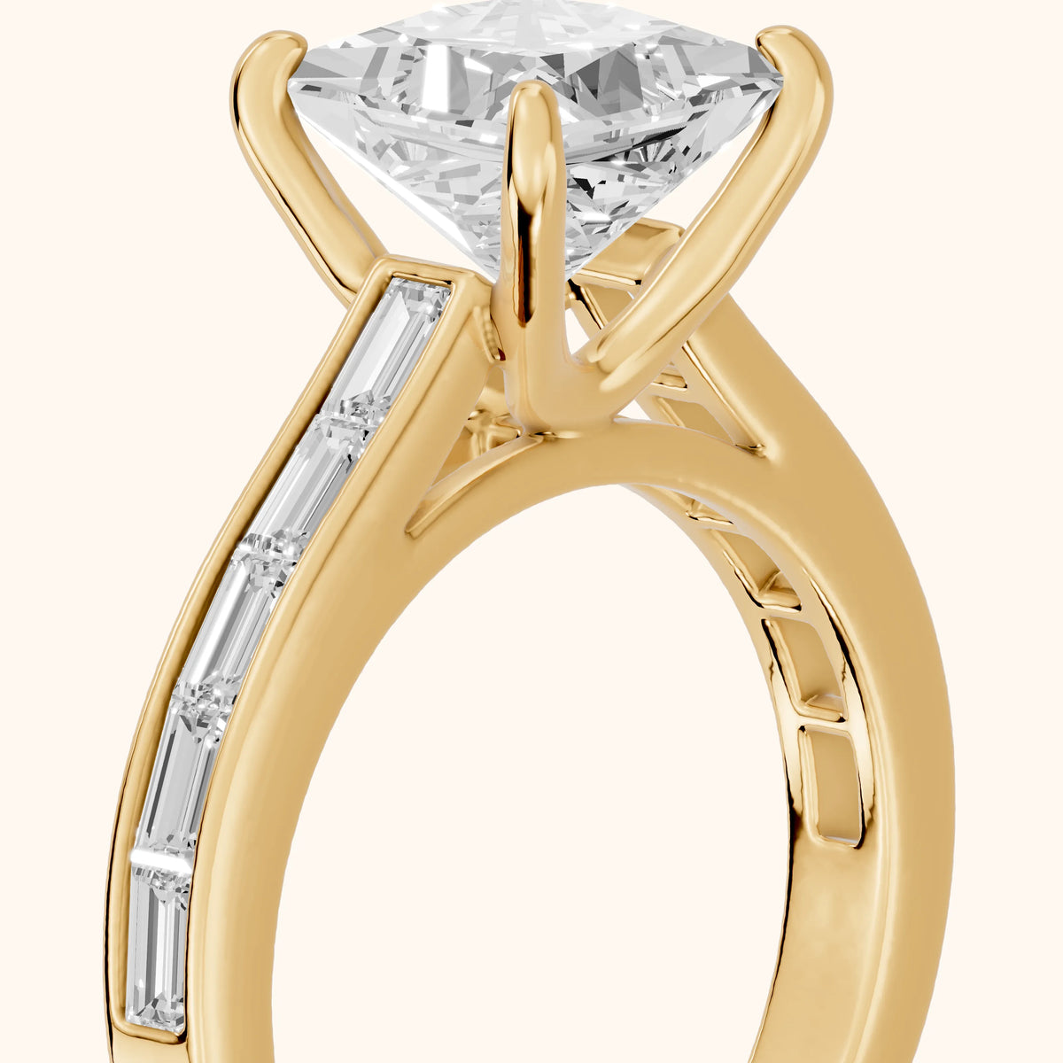 Dawn Baguette Channel Set Princess Diamond Engagement Ring in Yellow Gold - slant-view.webp