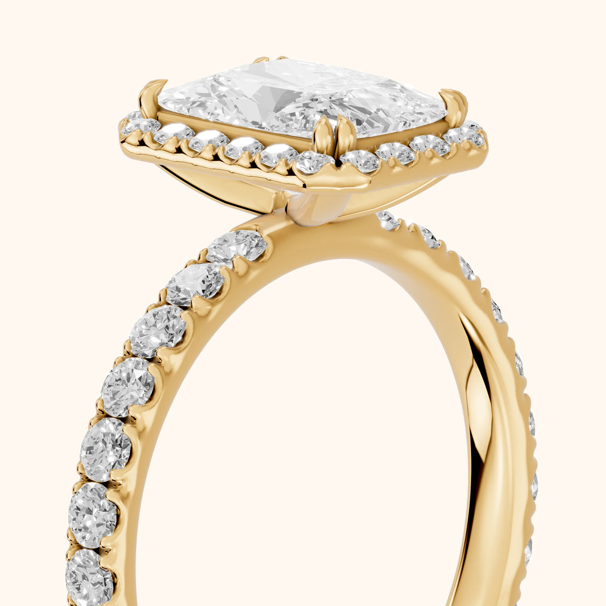 Chloe Halo Pavé Radiant Diamond Engagement Ring in Yellow Gold - slant-view.webp