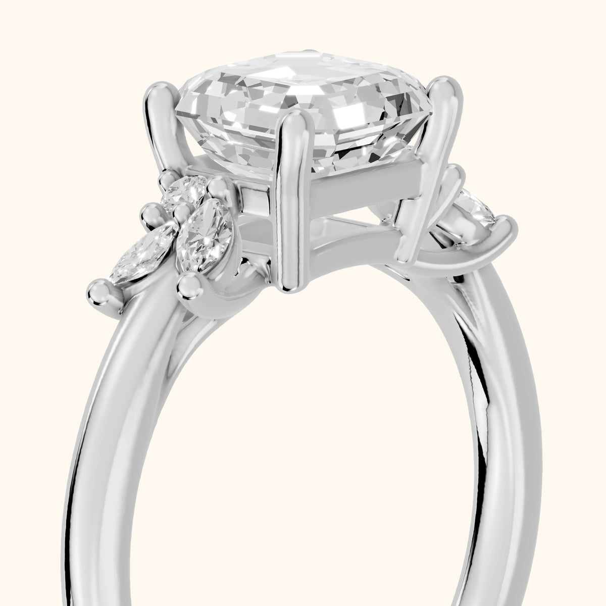 Avon Leaf Cluster Asscher Diamond Engagement Ring in Platinum - slant-view.webp