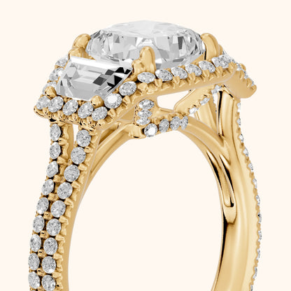 Oakley Three-Stone Split Shank Cushion Diamond Engagement Ring in Yellow Gold - slant-view.webp