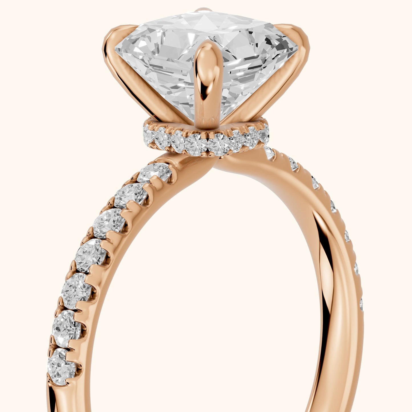 Maya Hidden Halo Pavé Radiant Diamond Engagement Ring in Rose Gold - slant-view.webp