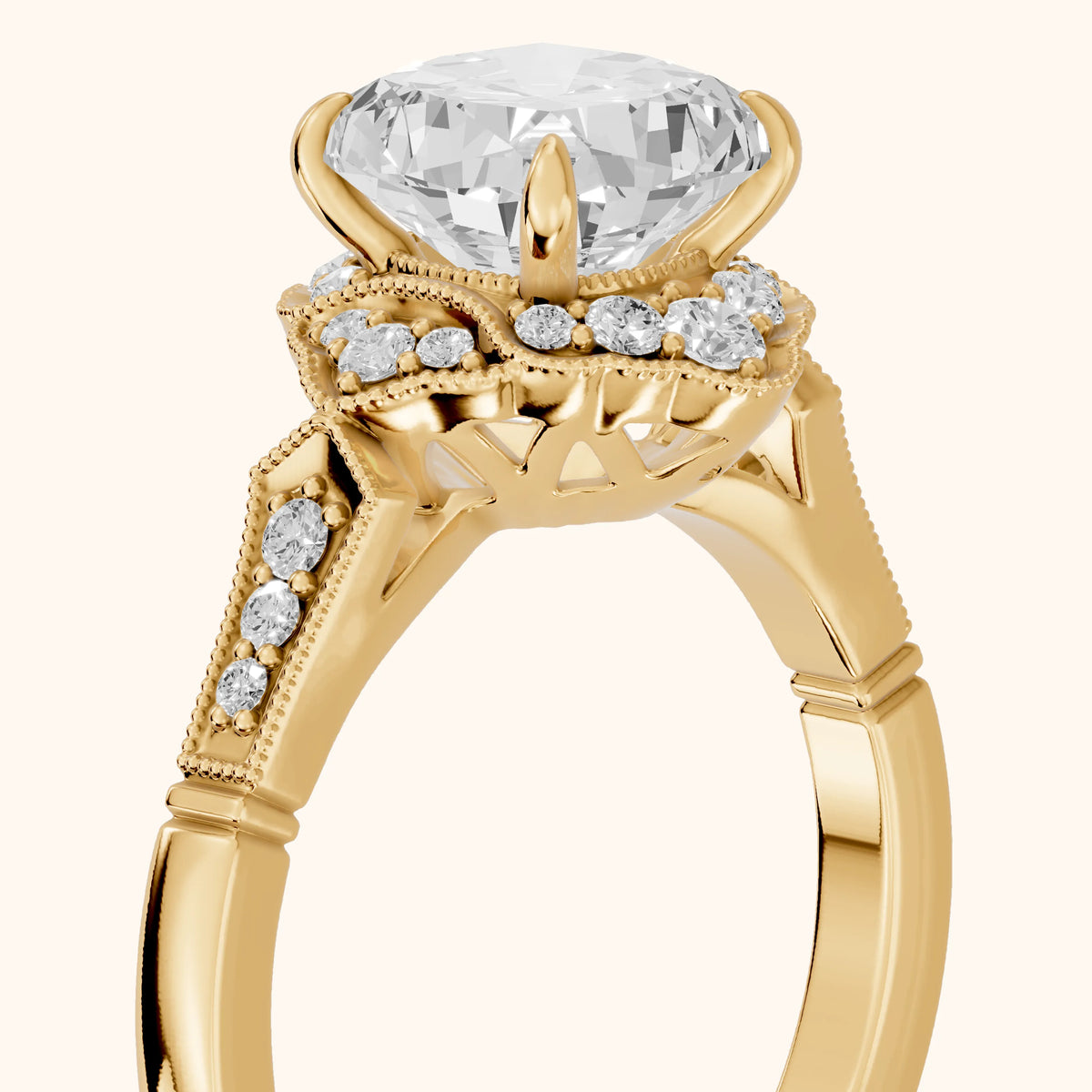 Esther Milgrain Halo Cushion Diamond Engagement Ring in Yellow Gold - slant-view.webp