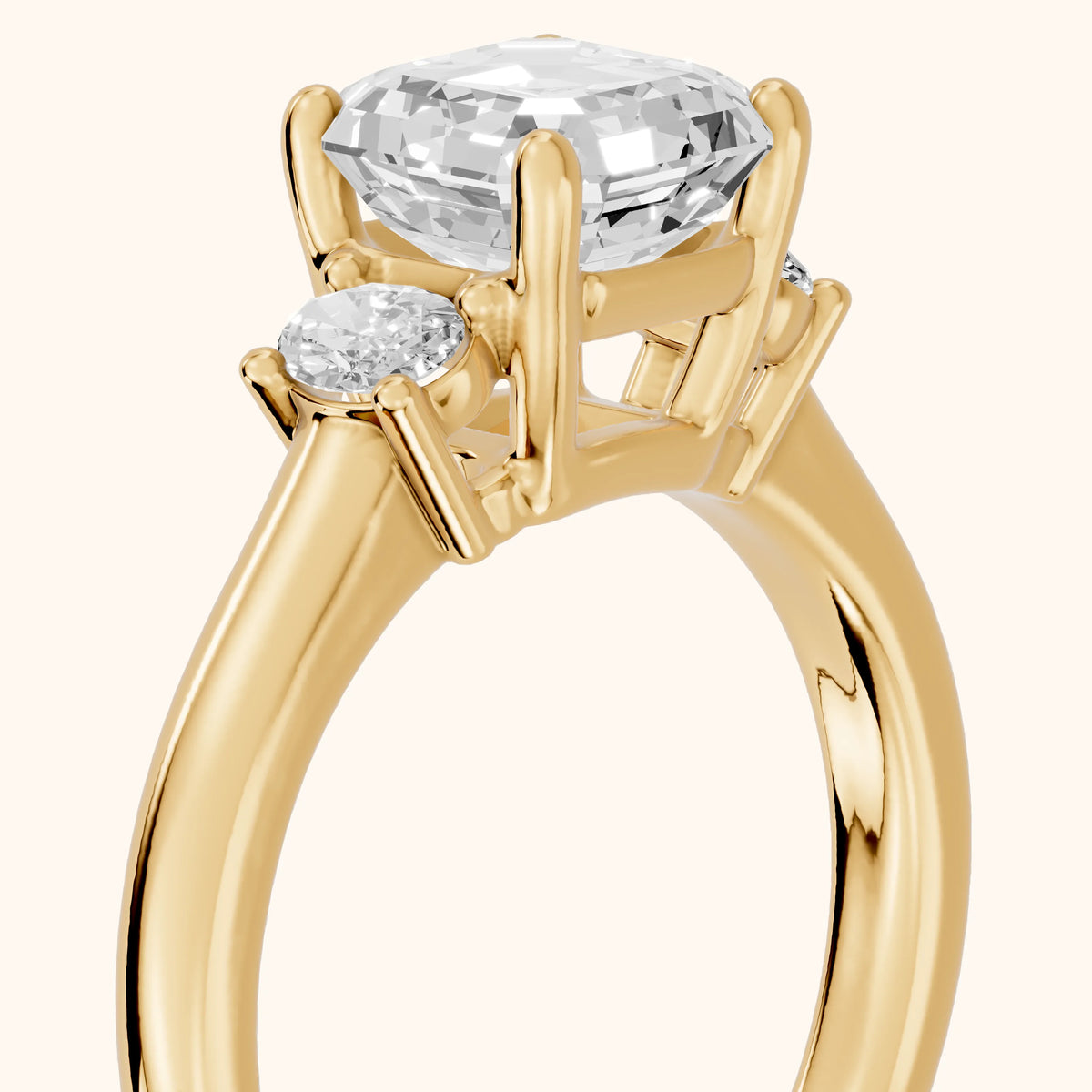 Alya Three-Stone Cathedral Asscher Diamond Engagement Ring in Yellow Gold - slant-view.webp