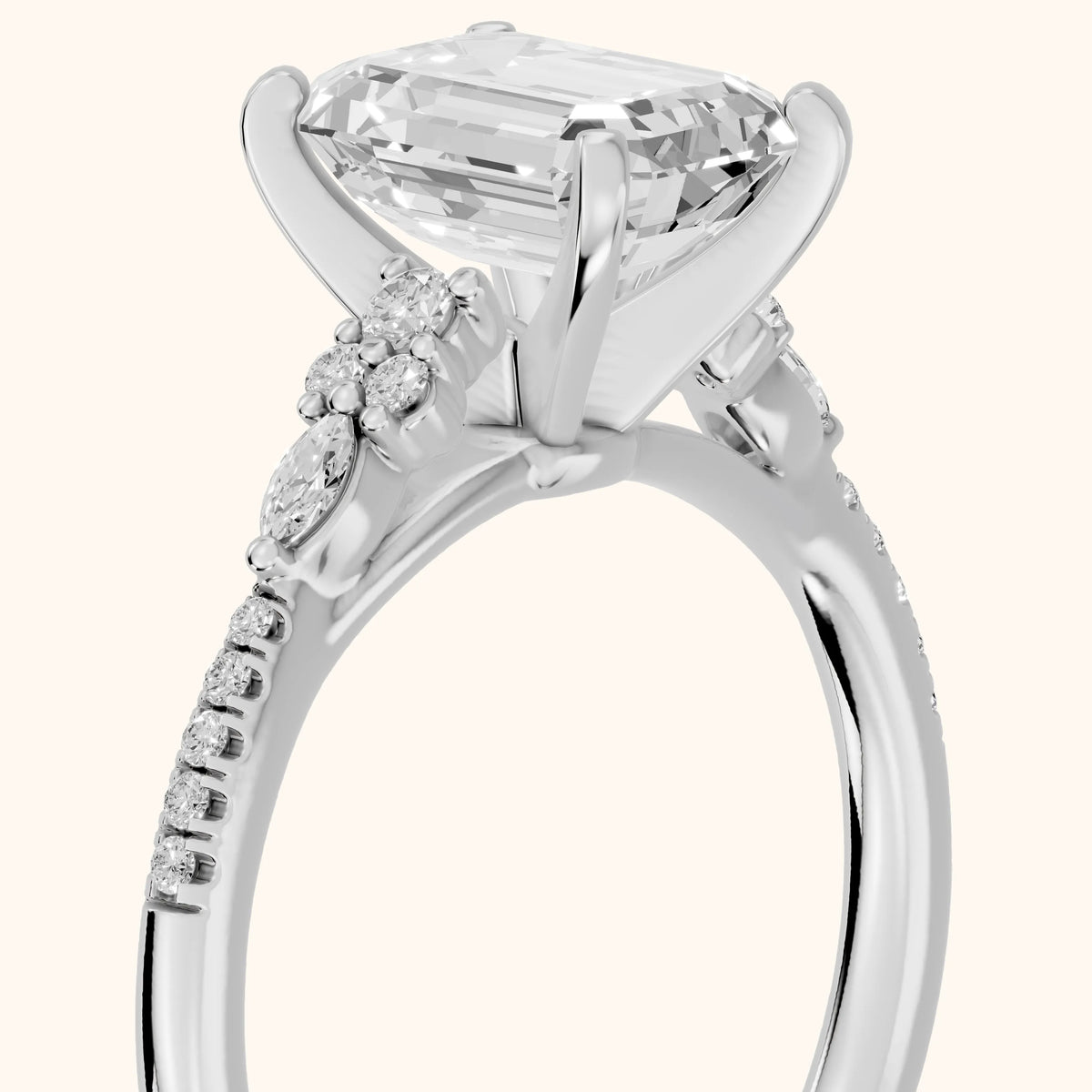 Reina Pavé Cluster Emerald Diamond Engagement Ring in White Gold - slant-view.webp