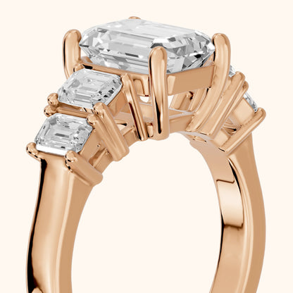 Amber Graduated Five-Stone Emerald Diamond Engagement Ring in Rose Gold - slant-view.webp