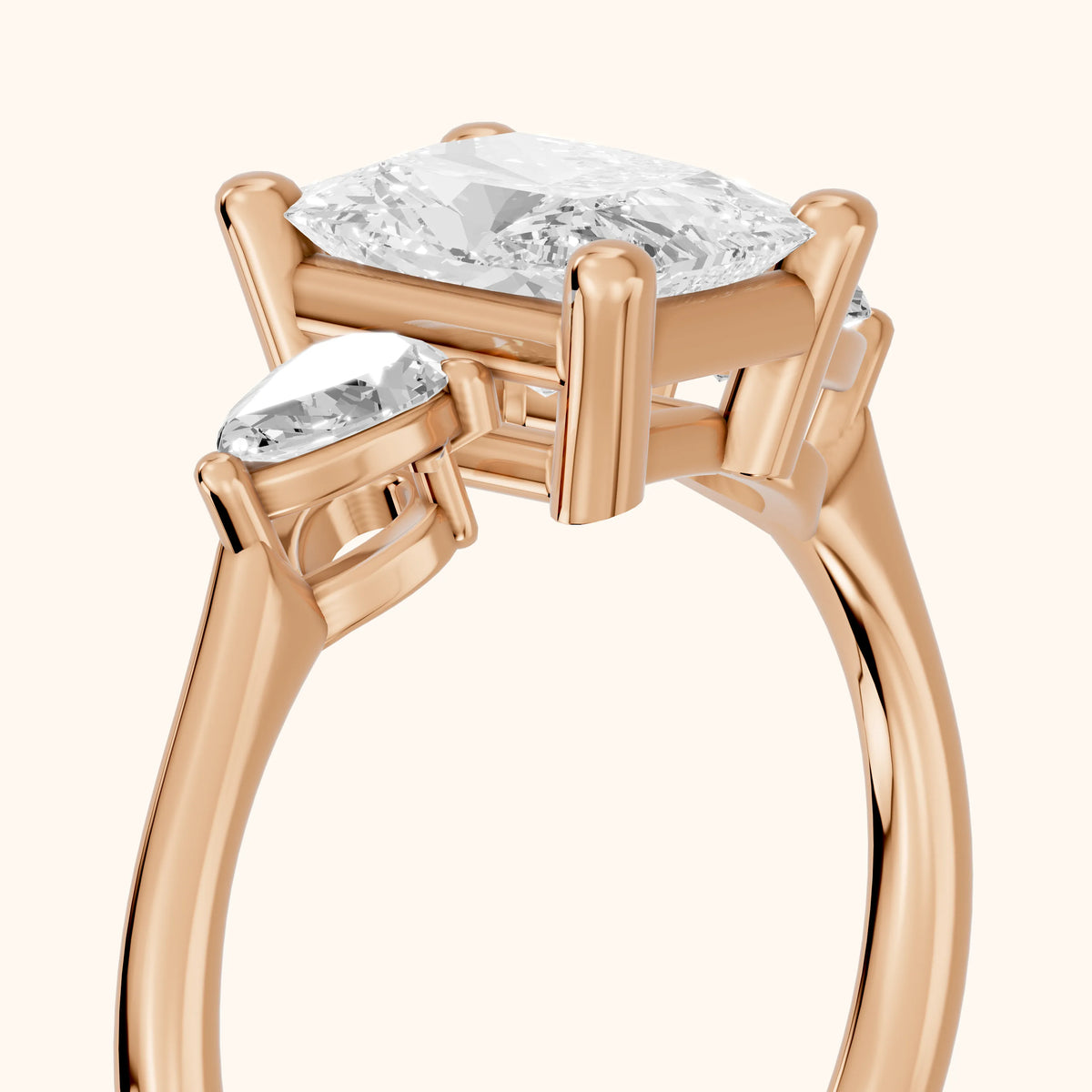 Faye Three-Stone Trellis Radiant Diamond Engagement Ring in Rose Gold - slant-view.webp