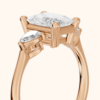 Faye Three-Stone Trellis Radiant Diamond Engagement Ring in Rose Gold - slant-view.webp