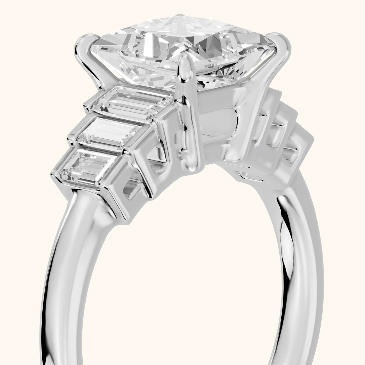 Riviera Graduated Baguette Princess Diamond Engagement Ring in Platinum - slant-view.webp