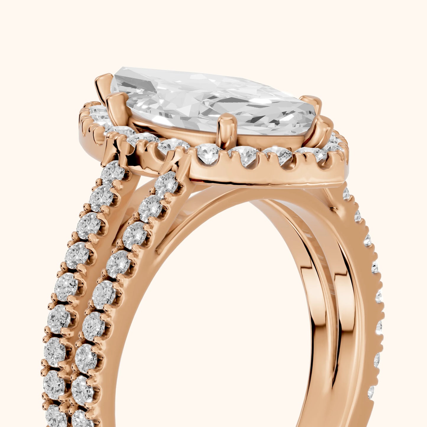 Kira Halo Split Shank Marquise Diamond Engagement Ring in Rose Gold - slant-view.webp