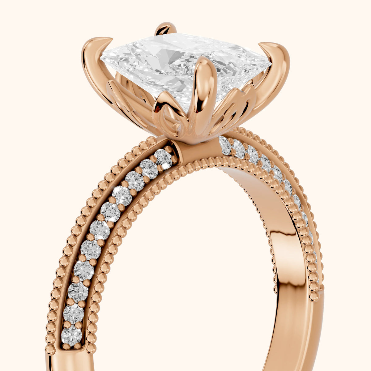 Chiara Vintage Milgrain Radiant Diamond Engagement Ring in Rose Gold - slant-view.webp