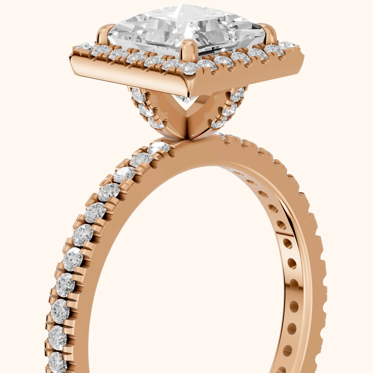 Rosemary Halo Pavé Princess Diamond Engagement Ring in Rose Gold - slant-view.webp