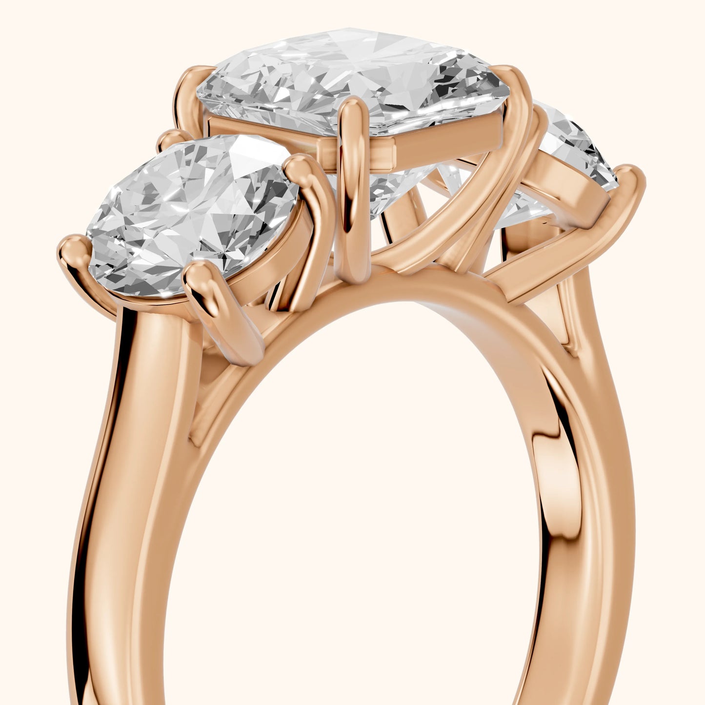 Esme Three-Stone Tapered Radiant Diamond Ring in Rose Gold - slant-view.webp