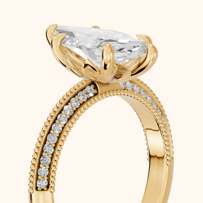 Indie Vintage Milgrain Marquise Diamond Engagement Ring in Yellow Gold - slant-view.webp