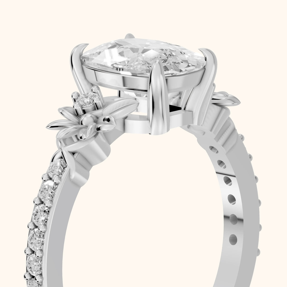 Leland Floral Pavé Cushion Diamond Engagement Ring in Platinum - slant-view.webp