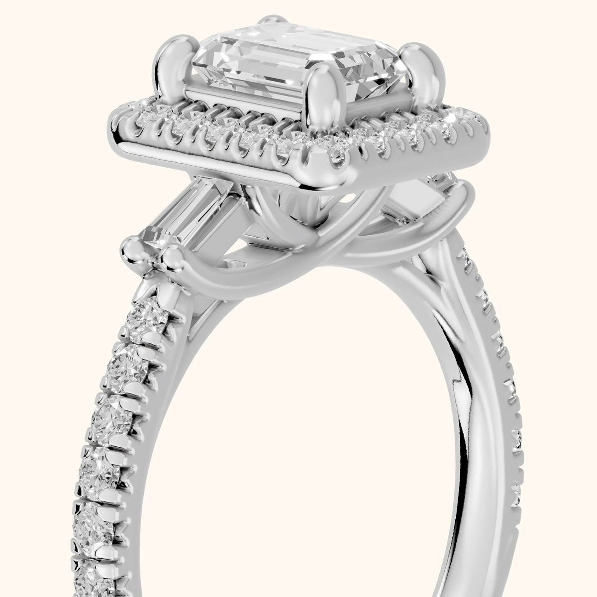 Provo Baguette Halo Emerald Diamond Engagement Ring in Platinum - slant-view.webp