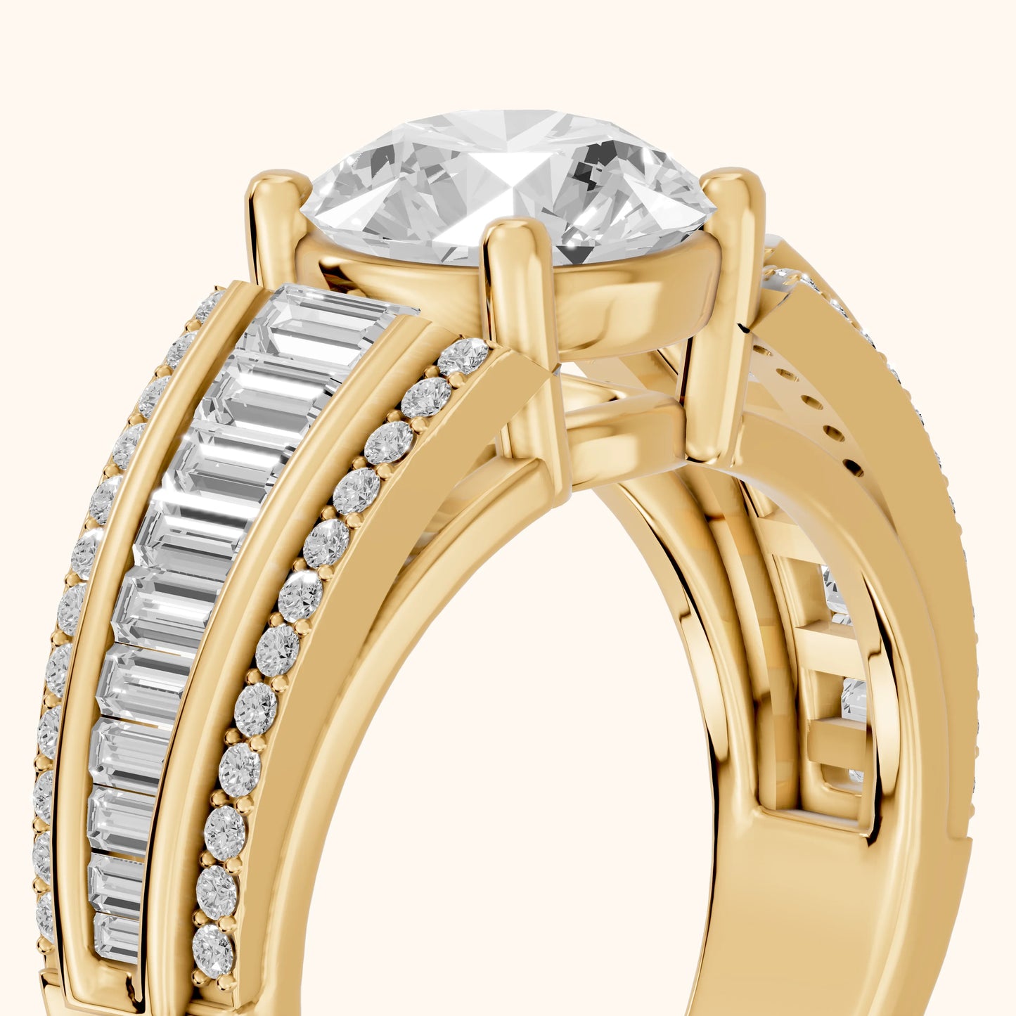 Halle Channel Set Baguette Accent Round Diamond Engagement Ring in Yellow Gold - slant-view.webp