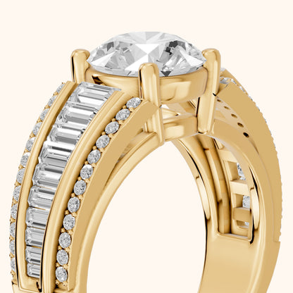 Halle Channel Set Baguette Accent Round Diamond Engagement Ring in Yellow Gold - slant-view.webp