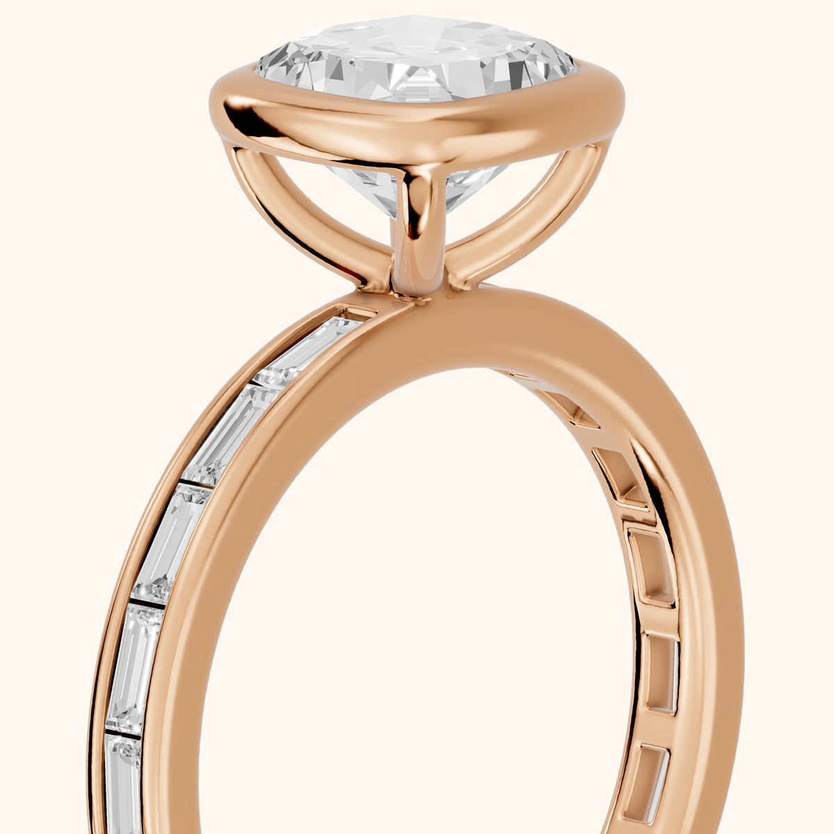 Raleigh Bezel Baguette Cushion Diamond Engagement Ring in Rose Gold - slant-view.webp