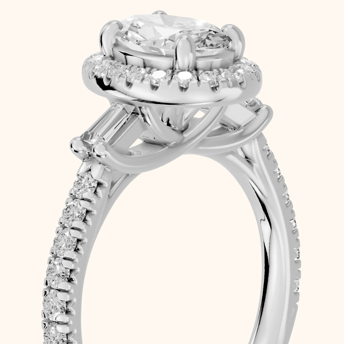 Provo Baguette Halo Oval Diamond Engagement Ring in Silver - slant-view.webp