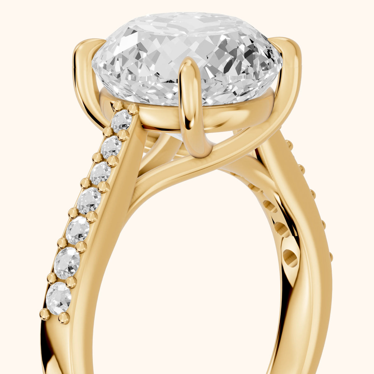 Skylar Twist Pavé Portuguese Cut Round Diamond Engagement Ring in Yellow Gold - slant-view.webp