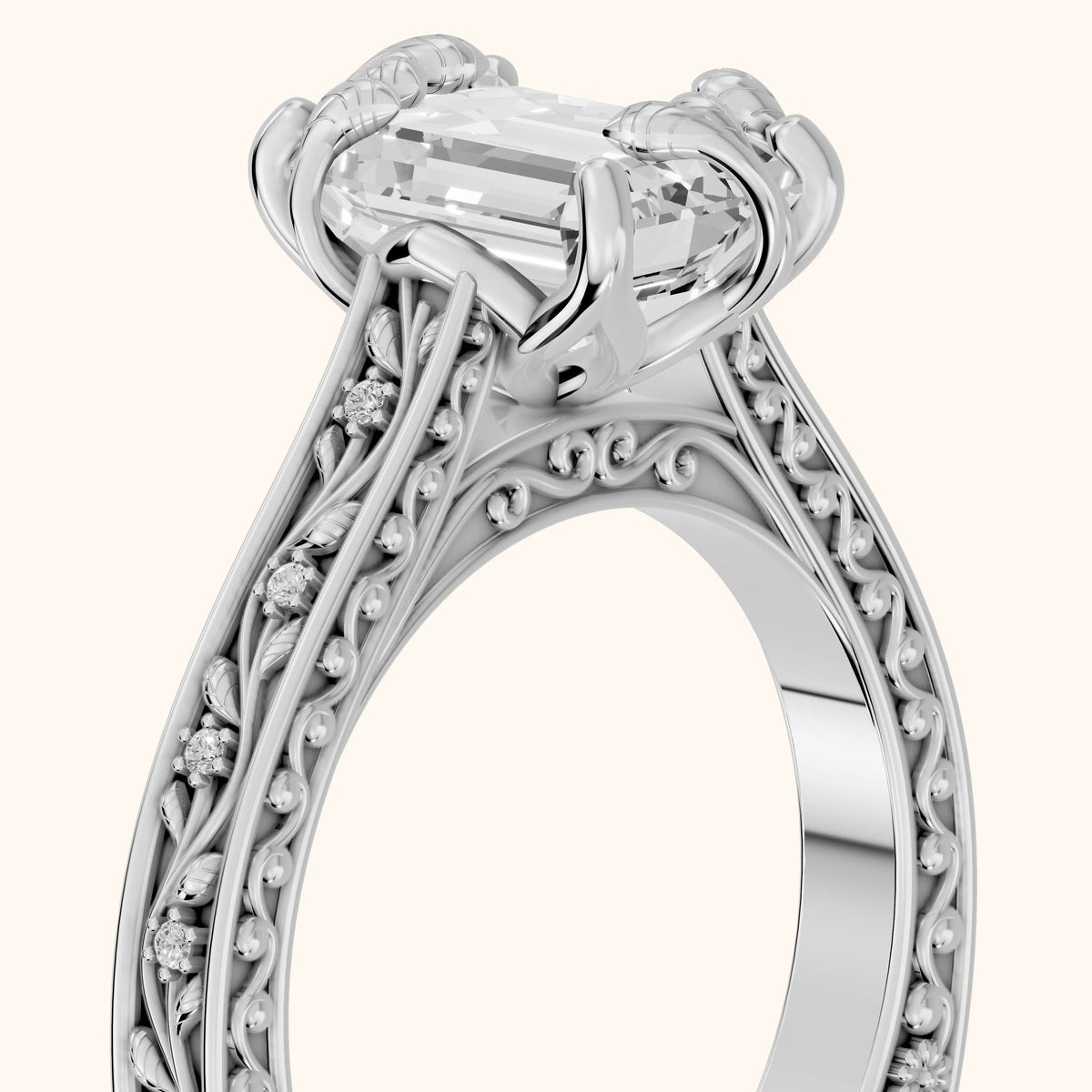 Laguna Vintage Vine Emerald Diamond Engagement Ring in White Gold - slant-view.webp