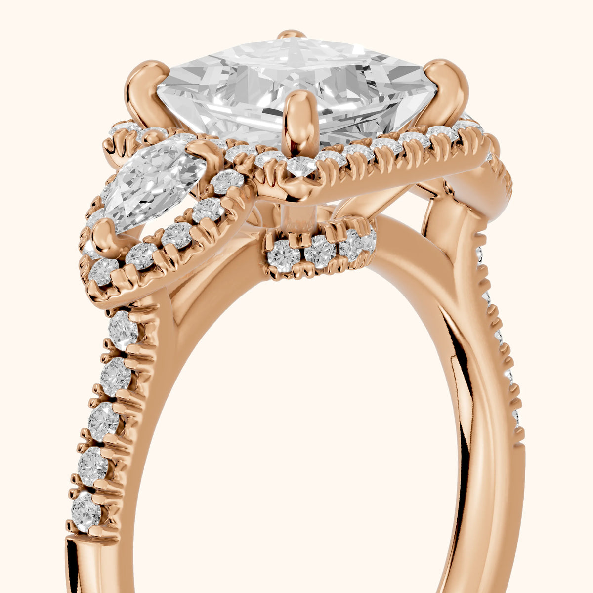 Camden Three-Stone Halo Princess Diamond Engagement Ring in Rose Gold - slant-view.webp