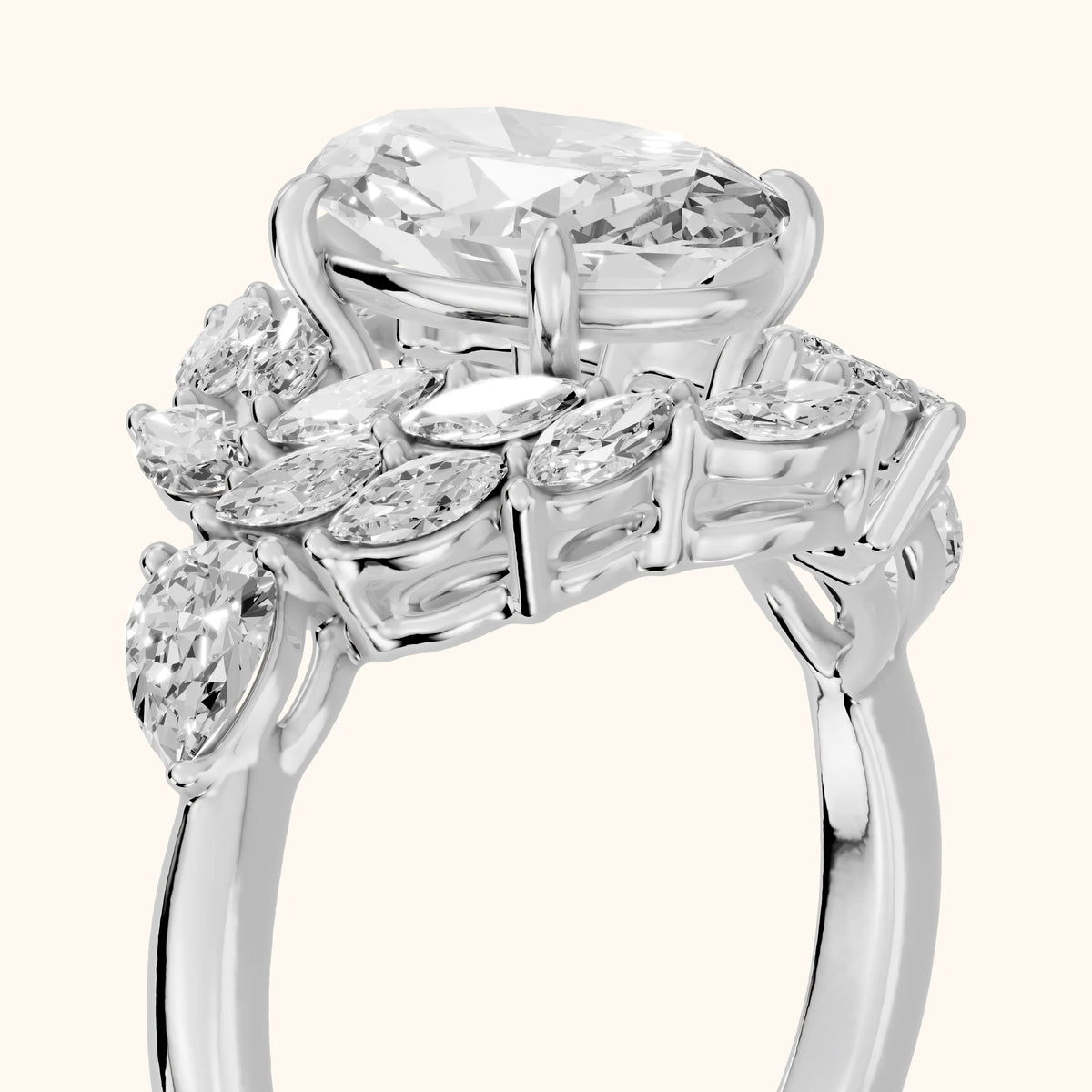 Liliana Leaf Cluster Oval Diamond Engagement Ring in Platinum - slant-view.webp