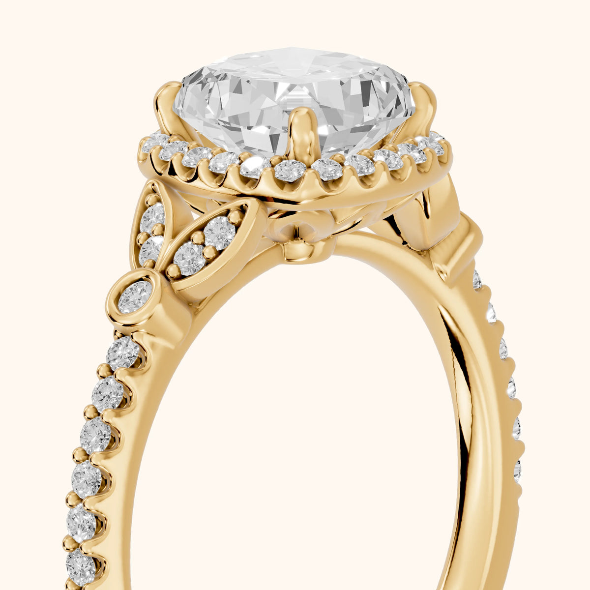 Sitka Leaf Halo Cushion Diamond Engagement Ring in Yellow Gold - slant-view.webp