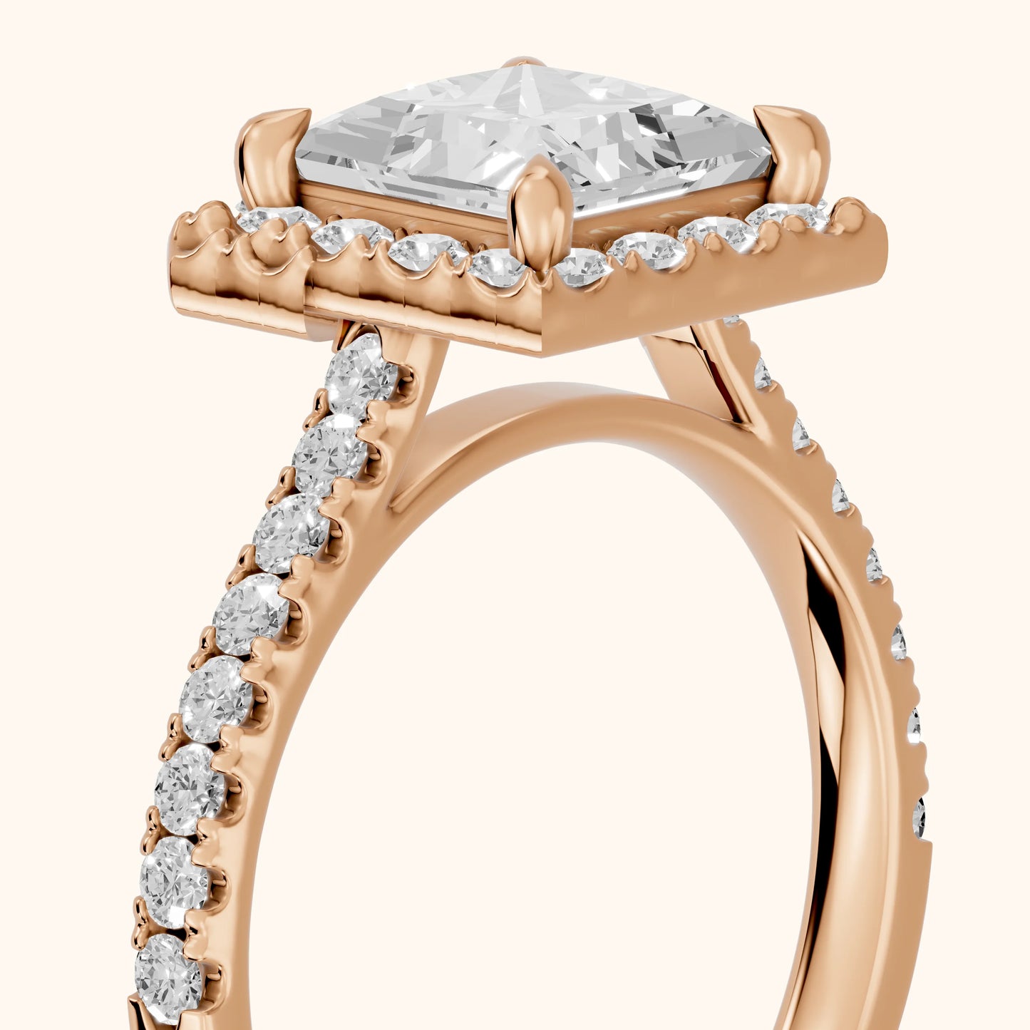Amara Halo Claw Prong Princess Diamond Ring in Rose Gold - slant-view.webp