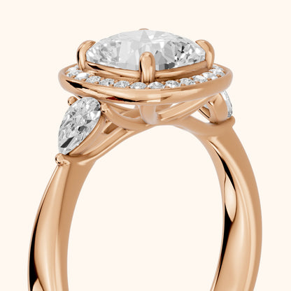 Eliza Halo Sidestone Cushion Diamond Engagement Ring in Rose Gold - slant-view.webp