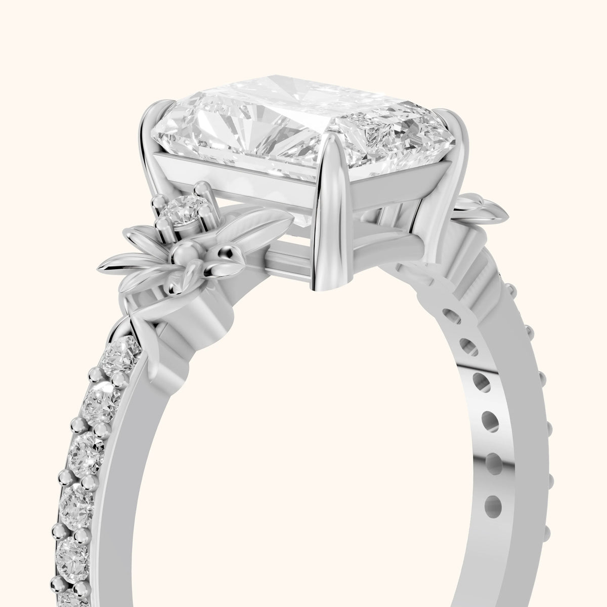 Leland Floral Pavé Radiant Diamond Engagement Ring in Platinum - slant-view.webp